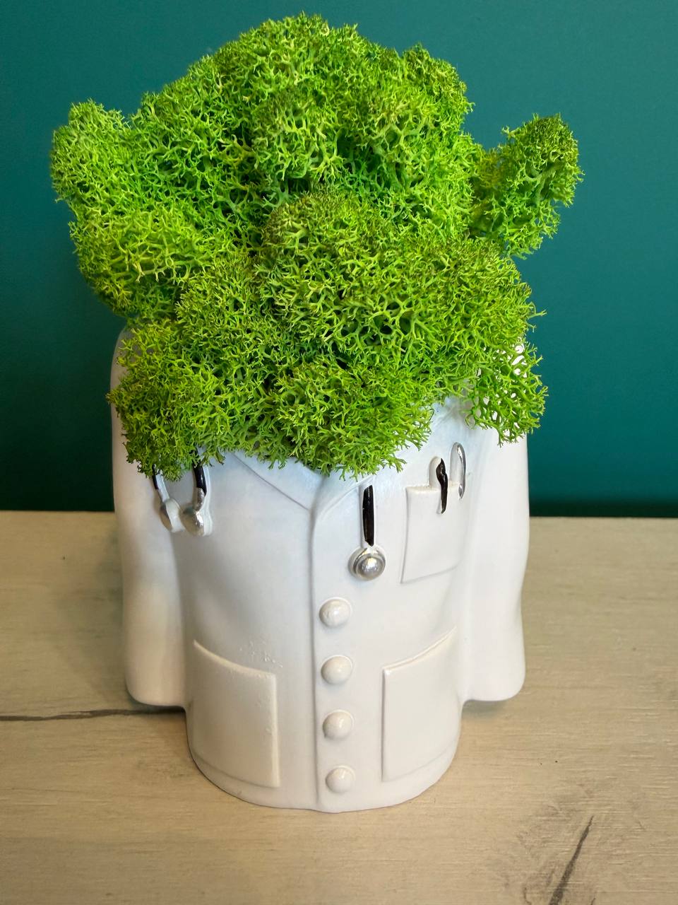 Бяла керамична кашпа във формата на лекарска престилка със стетоскоп и зелен мъх.